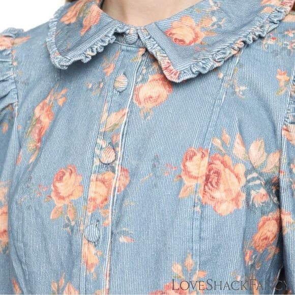 LOVESHACKFANCY **NWT** Beyers Corduroy Mini Dress in Faded Denim Floral - Picture 10 of 16